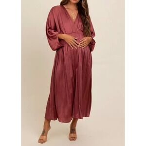 NWOT Pinkblush Maternity Mauve Satin Pleated V Neck Maxi Dress Size Small
